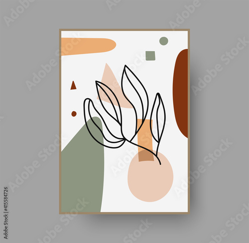 Botanical wall art abstract vector. Foliage line drawing. Neutral boho art print. Minimal mid century wall art print for bedroom decor. Gallery decor poster, terracota watercolor for bohemian interior