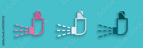 Paper cut Inhaler icon isolated on blue background. Breather for cough relief, inhalation, allergic patient. Medical allergy asthma inhaler spray. Paper art style. Vector.