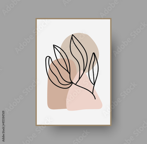 Botanical wall art abstract vector. Foliage line drawing. Neutral boho art print. Minimal mid century wall art print for bedroom decor. Gallery decor poster, terracota watercolor for bohemian interior