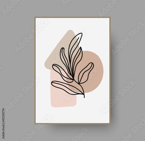 Botanical wall art abstract vector. Foliage line drawing. Neutral boho art print. Minimal mid century wall art print for bedroom decor. Gallery decor poster, terracota watercolor for bohemian interior
