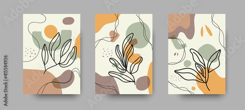 Botanical wall art abstract vector. Foliage line drawing. Neutral boho art print. Minimal mid century wall art print for bedroom decor. Gallery decor poster, terracota watercolor for bohemian interior
