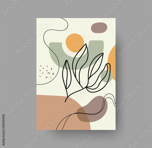 Botanical wall art abstract vector. Foliage line drawing. Neutral boho art print. Minimal mid century wall art print for bedroom decor. Gallery decor poster, terracota watercolor for bohemian interior