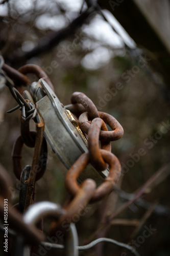 Rusty chain and padlock close up in forest.