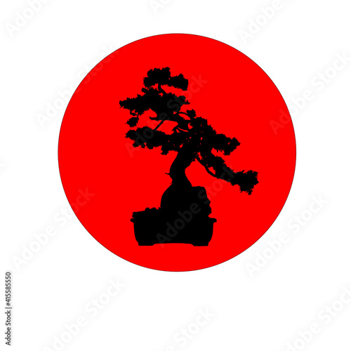 Black bonsai tree silhouette in red sun circle illustration