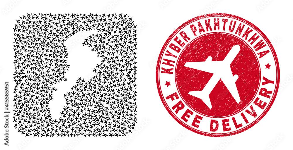 Vector collage Khyber Pakhtunkhwa Province map of air force elements and grunge Free Delivery seal. Vector collage Khyber Pakhtunkhwa Province map of air force elements and grunge Free Delivery seal.