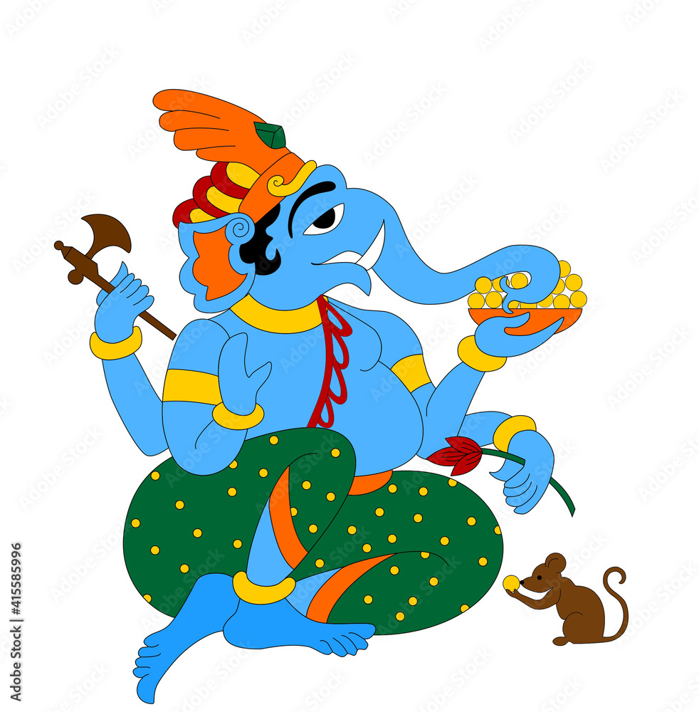 Obraz premium Hindu god Ganesha. With a plate of corn balls and a mouse at my feet. Deity image