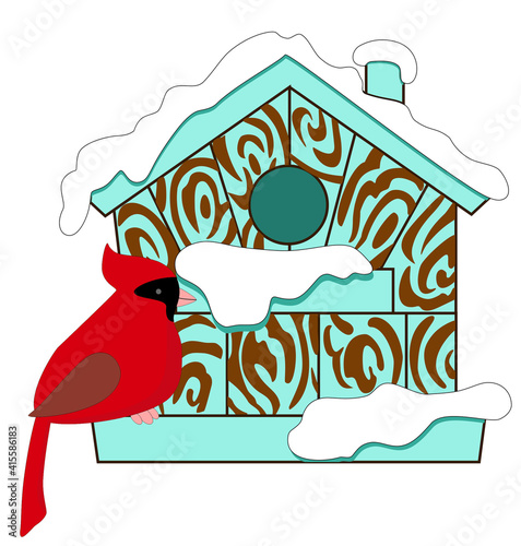 red Cardinalis on a wooden feeder with snow