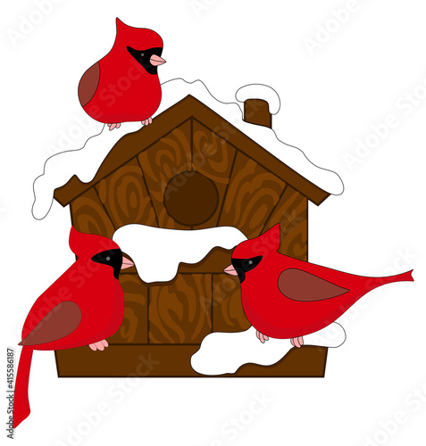 red Cardinalis on a wooden feeder with snow.