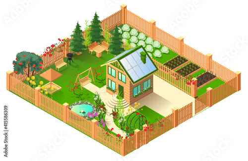 Country house with solar panels on roof and large garden