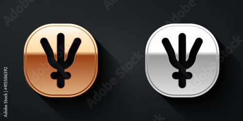 Gold and silver Neptune planet symbol icon isolated on black background. Astrology, numerology, horoscope, astronomy. Long shadow style. Vector.