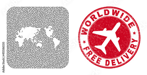 Vector collage worldwide map of aeroplane items and grunge Free Delivery stamp. Mosaic geographic worldwide map designed as carved shape from rounded square with flying out air force symbols.