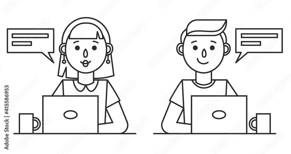 Girl and boy working with a laptop computer. Set of icons of a female and male secretary, teacher or office worker. Outline vector illustration