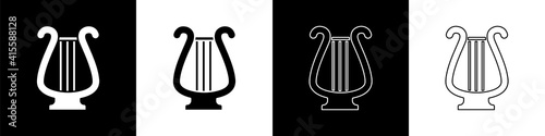 Set Ancient Greek lyre icon isolated on black and white background. Classical music instrument, orhestra string acoustic element. Vector.