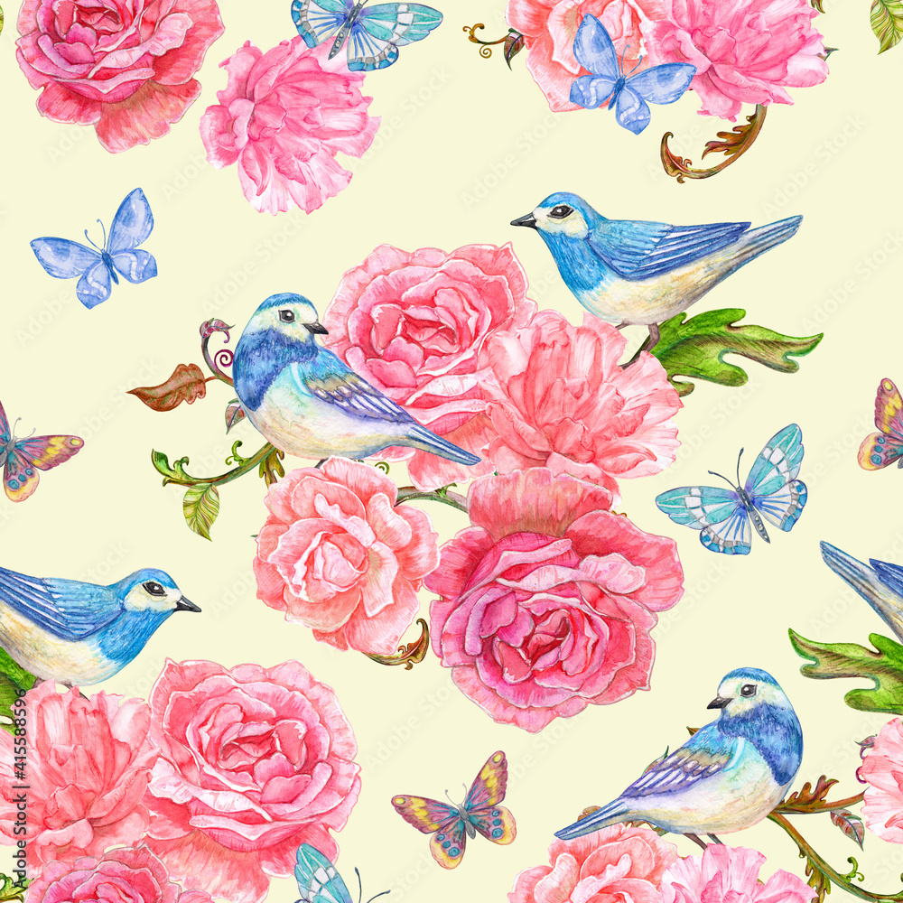 seamless texture with fancy roses and little blue birds. watercolor painting