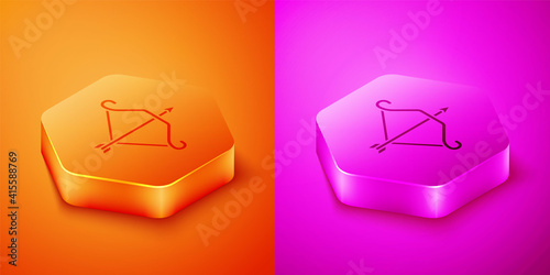 Isometric Medieval bow with arrow icon isolated on orange and pink background. Medieval weapon. Hexagon button. Vector.