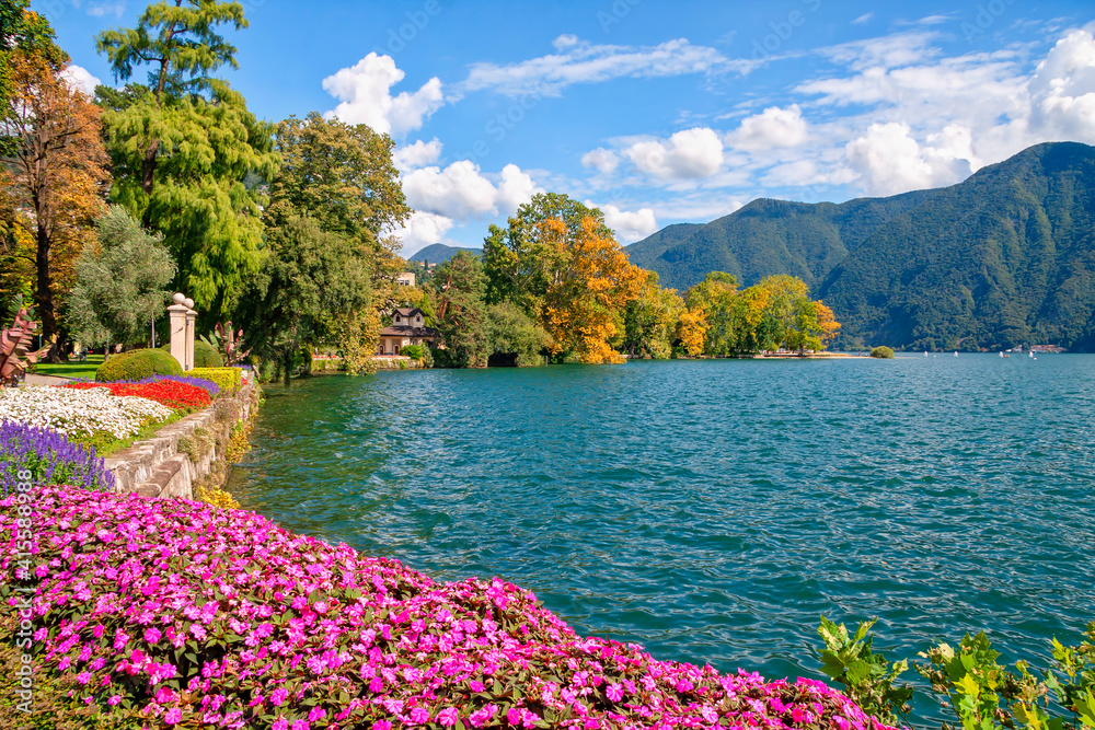 Panorama view of the lake Lugano and city Lugano, Switzerland.