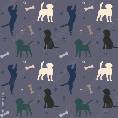 Seamless colorful pattern with dogs and bones. Background for pet shop, veterinary clinic, pet store, zoo, shelter. Flat style design, vector illustration.