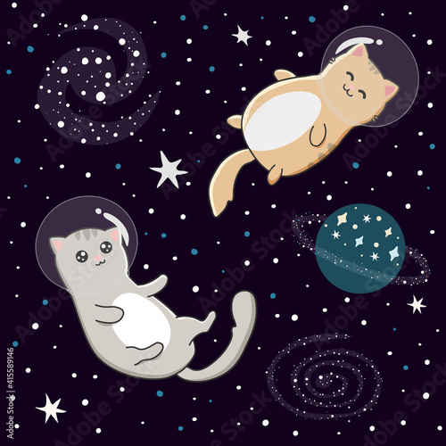 Illustration with cute cats astronauts on starry space background. Perfect for posters, greeting cards and other design.