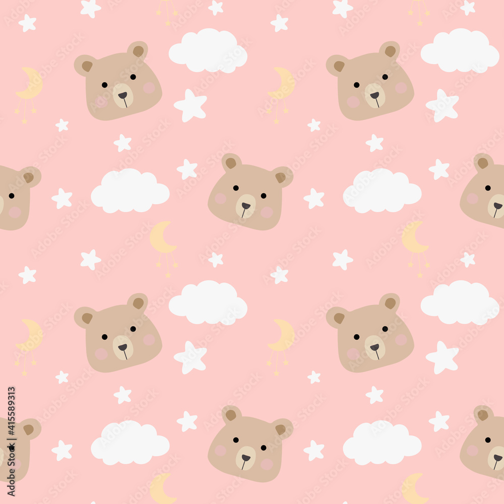 Seamless childish pattern with cute bears, clouds, moon, stars. Baby texture for fabric, wrapping, textile, wallpaper, clothing. Vector illustration