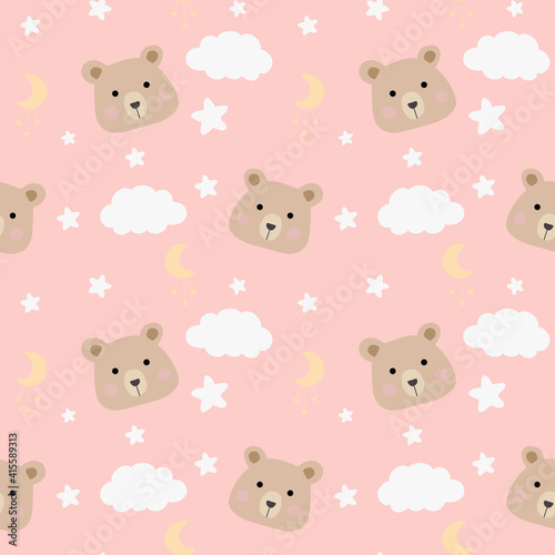 Seamless childish pattern with cute bears, clouds, moon, stars. Baby texture for fabric, wrapping, textile, wallpaper, clothing. Vector illustration