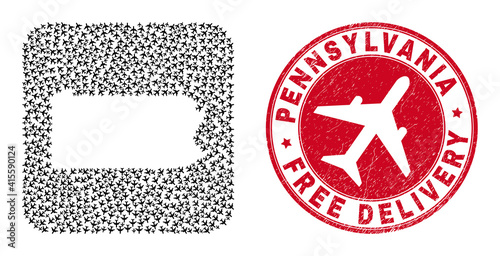 Vector mosaic Pennsylvania State map of aircraft elements and grunge Free Delivery stamp.
