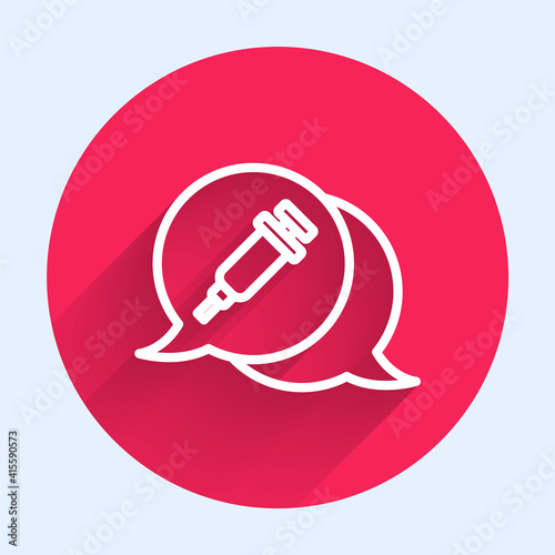 White line Addiction to the drug icon isolated with long shadow. Heroin, narcotic, addiction, illegal. Sick junkie with a syringe and medical pills. Red circle button. Vector.