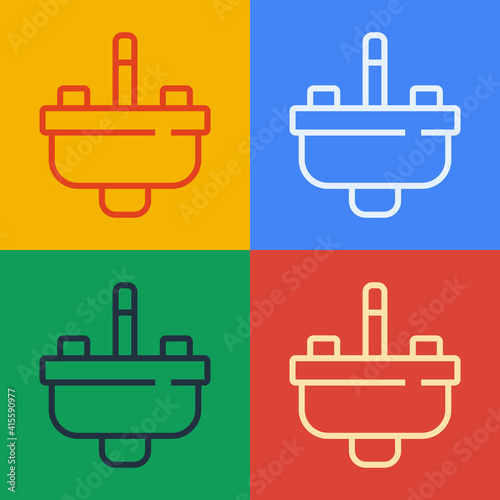 Pop art line Washbasin with water tap icon isolated on color background. Vector.