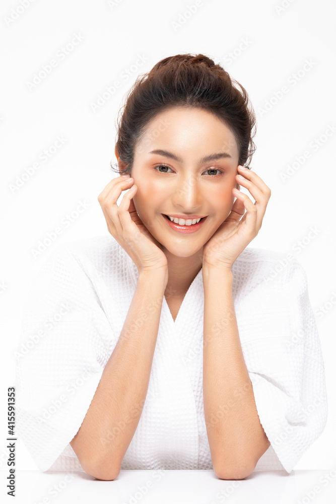 Beautiful Asian woman touching soft cheek smile with clean and fresh skin Happiness and cheerful with positive emotional,isolated on white background,Beauty Cosmetics and spa Treatment Concept Beautiful Asian woman touching soft cheek smile with clean and fresh skin Happiness and cheerful with positive emotional,isolated on white background,Beauty Cosmetics and spa Treatment Concept