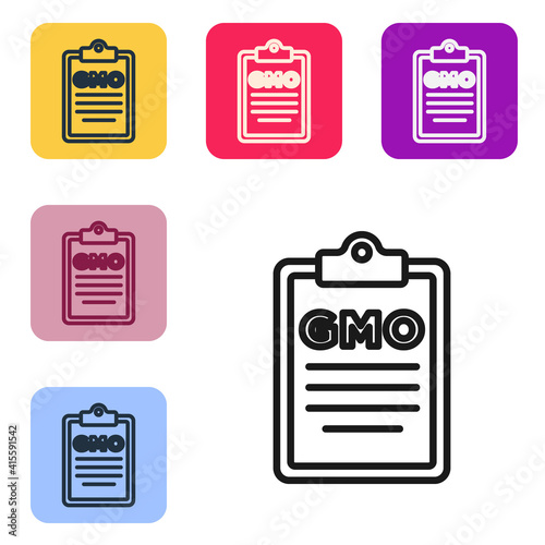 Black line GMO icon isolated on white background. Genetically modified organism acronym. Dna food modification. Set icons in color square buttons. Vector.