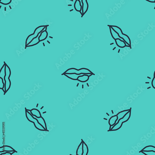 Black line Herpes lip icon isolated seamless pattern on green background. Herpes simplex virus. Labial infection inflammation symbol. Vector.
