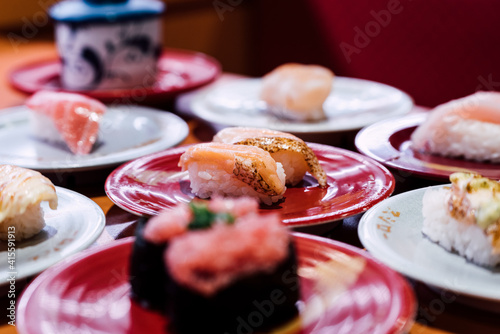 Sushiro restaurant in Taipe, Taiwan. Sushiro is the large chain of conveyor belt sushi restaurant in Japan. photo