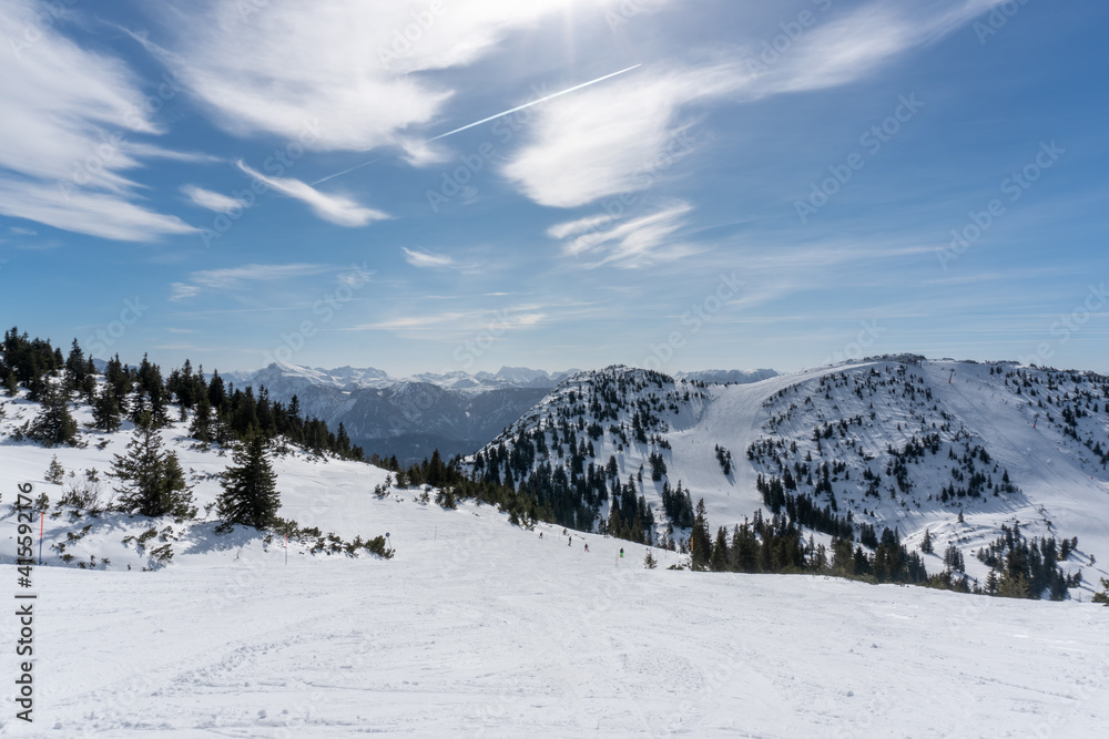 Hochkar in Lower Austria, snow covered skiing resort during winter.