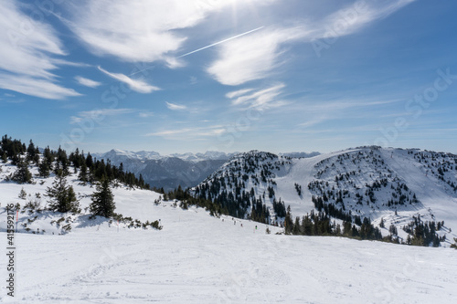 Hochkar in Lower Austria  snow covered skiing resort during winter.