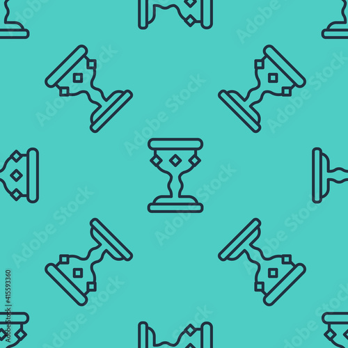 Black line Medieval goblet icon isolated seamless pattern on green background. Vector.