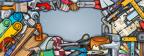 Cartoon doodles funny hand drawn repair tools frame illustration.