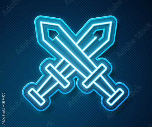 Glowing neon line Crossed medieval sword icon isolated on blue background. Medieval weapon. Vector.
