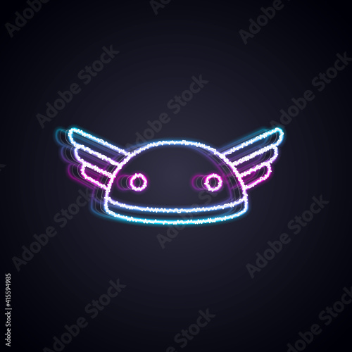 Glowing neon line Helmet with wings icon isolated on black background. Greek god Hermes. Vector.
