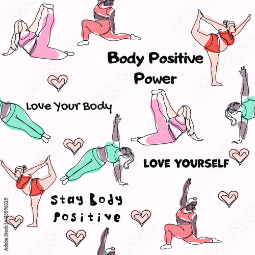 Body positive. Happy plus size girls and active lifestyle. Different figure, multiracial body positive women. Happy texture for print, textile, wrapping paper. Vector seamless hand drawn pattern.  