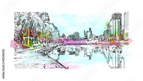 Building view with landmark of Bangkok is the
capital of Thailand. Watercolour splash with hand drawn sketch illustration in vector.