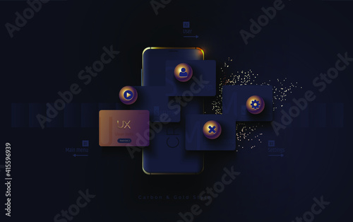 Mobile ui ux, korbon and gold concept. Mobile phone with a mobile app interface consisting of blocks and icons on a black background. User experience, User interface. Vector illustration 3D style.