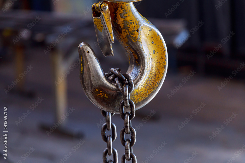 hook for industrial crane. Overhead crane hook and chain factory Stock  Photo