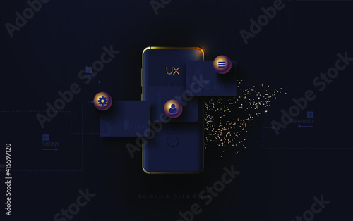 Mobile ui ux, korbon and gold concept. Mobile phone with a mobile app interface consisting of blocks and icons on a black background. User experience, User interface. Vector illustration 3D style.