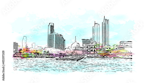 Building view with landmark of Bangkok is the
capital of Thailand. Watercolour splash with hand drawn sketch illustration in vector.