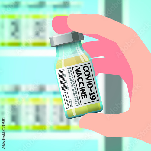 A right hand holding a bottle of the newly developed coronavirus vaccine, COVID-19 to prevent the spread of the virus that is spreading around the world with letters on the label, medical concept.