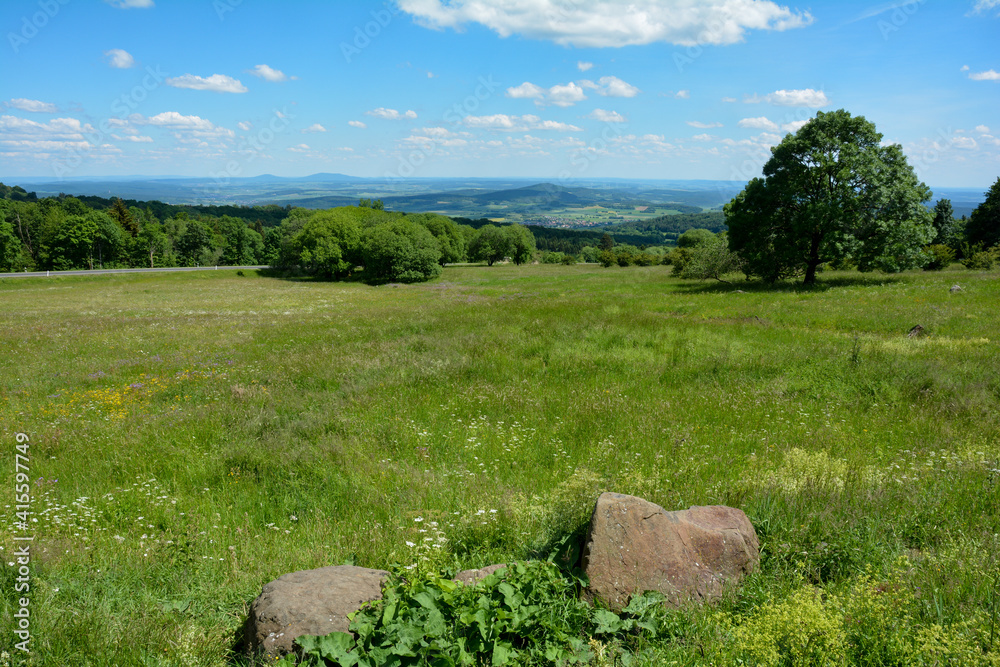 Landscape with meadow and stones on a mountain in the high Rhön with a view of the valley