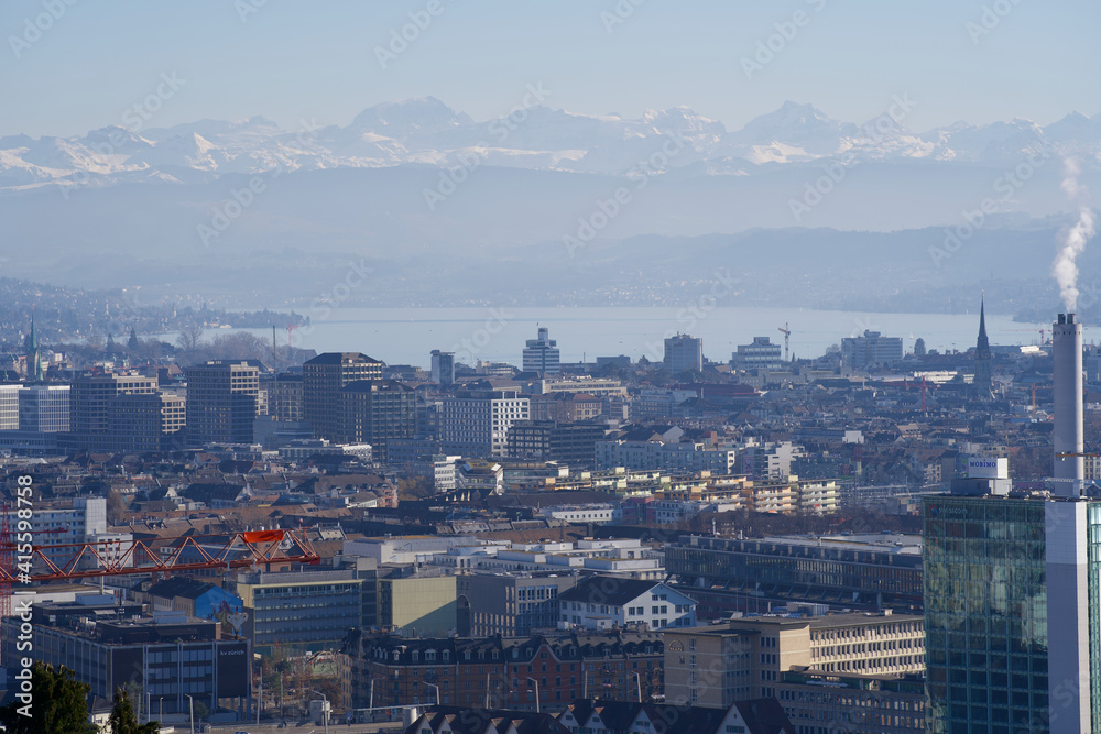 Panorama view of city of Zurich, Switzerland, photo taken February 21st, 2021, Zurich, Switzerland.