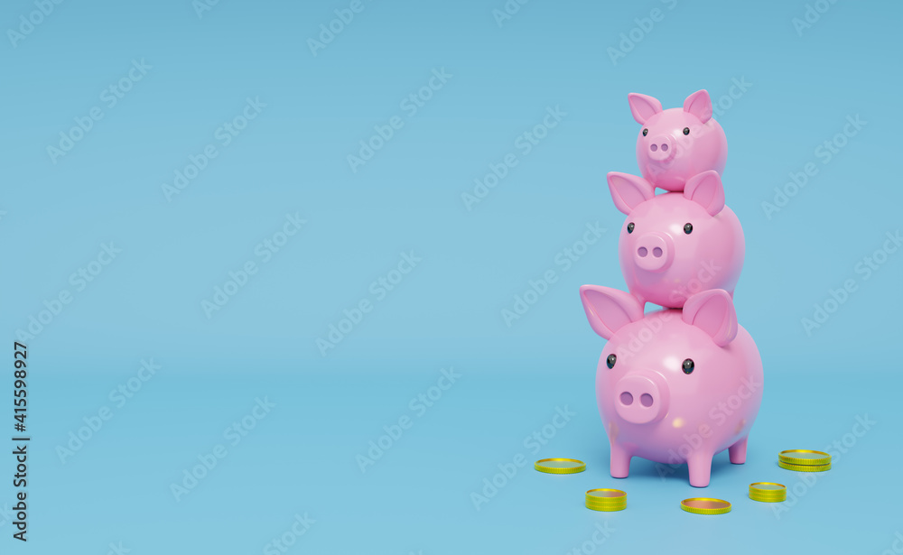 piggy bank family with gold coins money in blue composition background ,saving money Concept, 3d illustration or 3d render piggy bank family with gold coins money in blue composition background ,saving money Concept, 3d illustration or 3d render