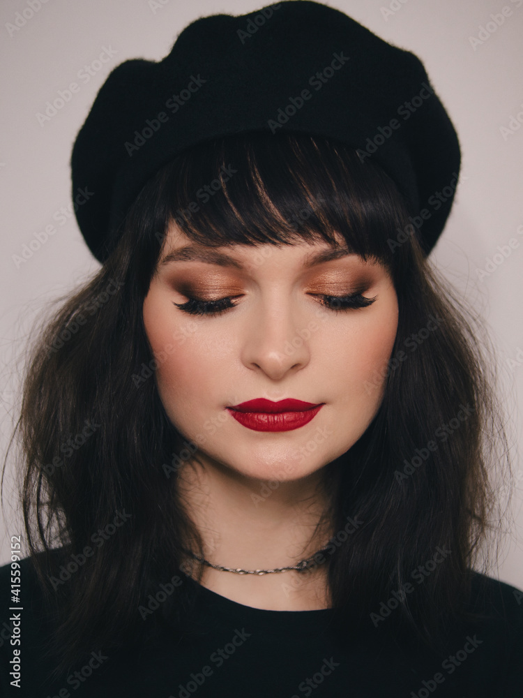 custom made wallpaper toronto digitalIndoor close up portrait of young beautiful fashionable woman red lips wearing black beret and t-shirt french inspired fashion concept