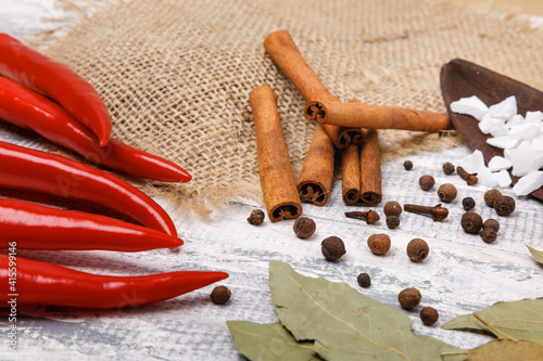 Red chili peppers and bay leafs