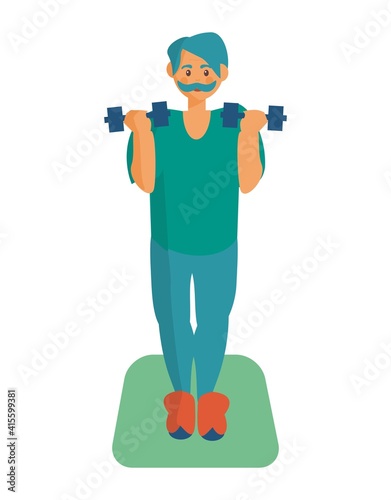 Eldery man doing exercises with dumbbells Workout at home Cartoon illustration